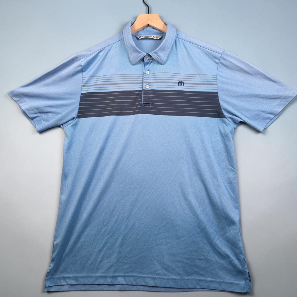 TravisMathew Mens Large Light Blue Navy Chest Stripe Golf Polo Shirt Performance
